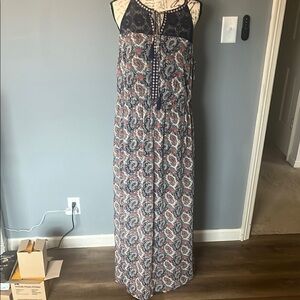 Floral Sleeveless Maxi Dress - Blue and Burnt Orange XL Like New
